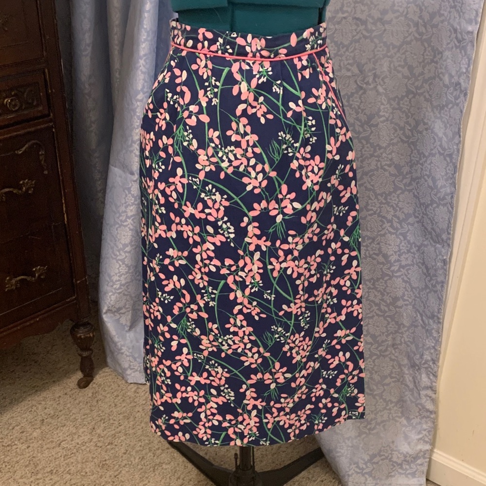 Vintage Navy and Pink Floral Midi Skirt